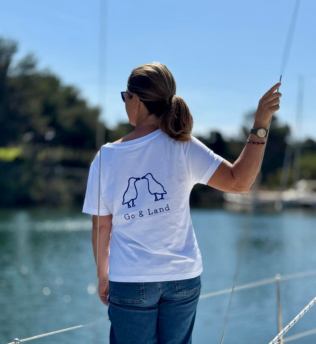 T-shirt manches courte col V - Blanc/bleu