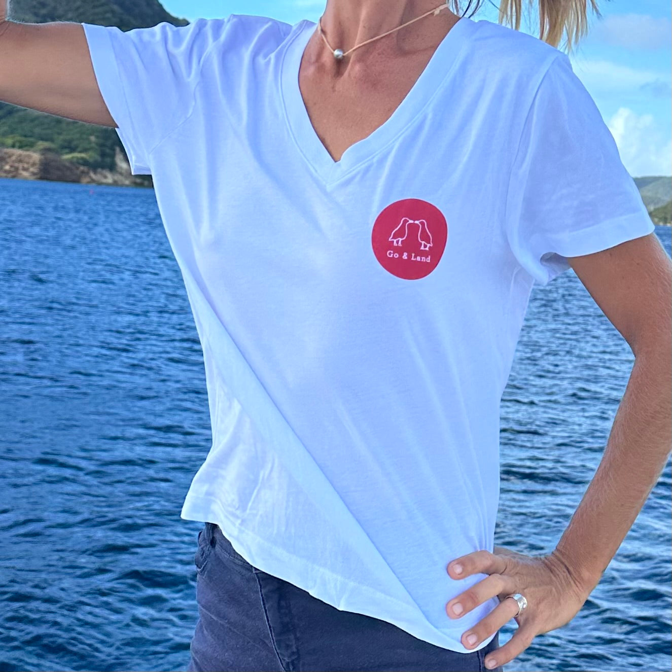 T-shirt manches courte col V - Blanc/bleu
