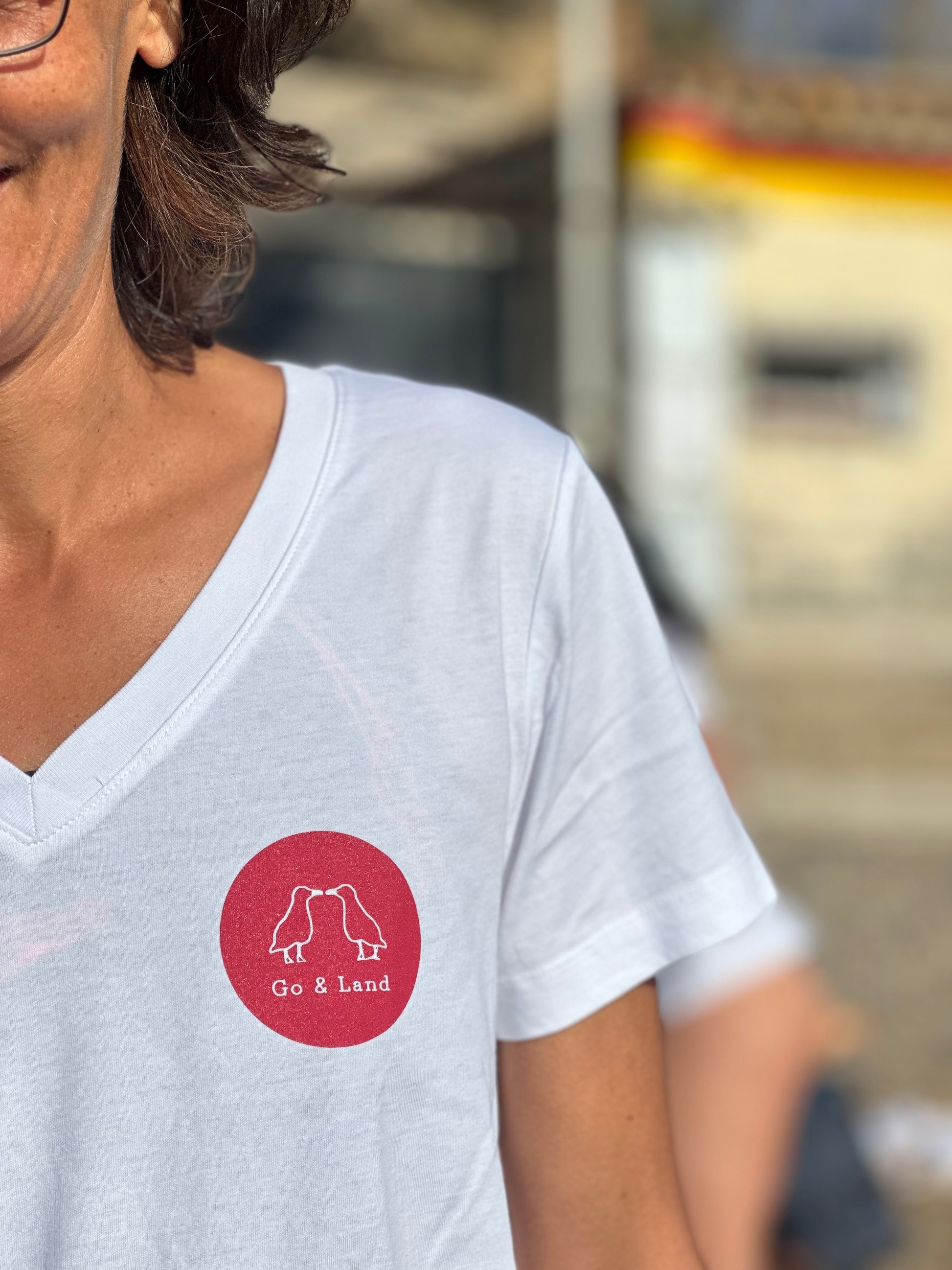 T-shirt manches courte col V - Blanc/bleu