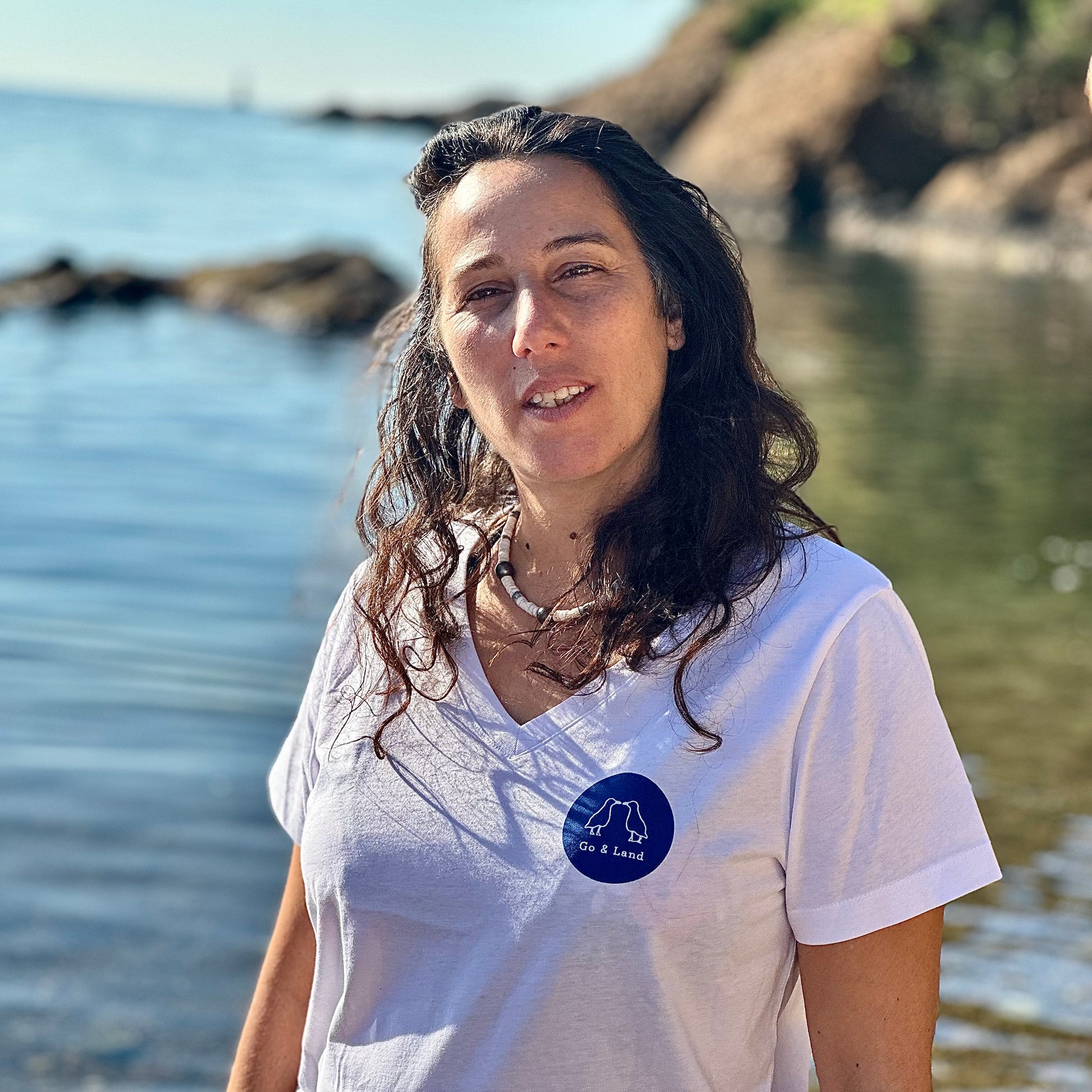 T-shirt manches courte col V - Blanc/bleu
