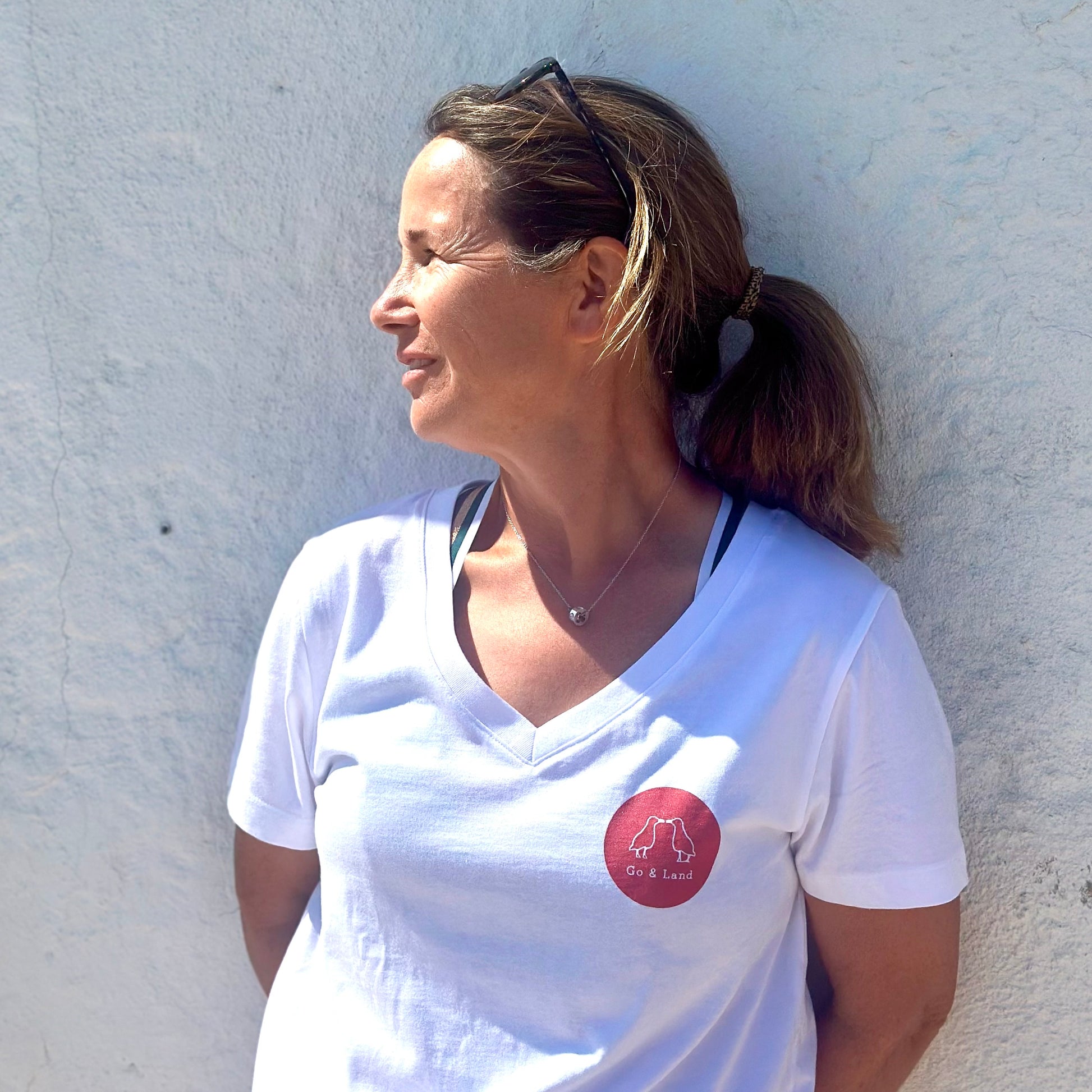 T-shirt manches courte col V - Blanc/bleu