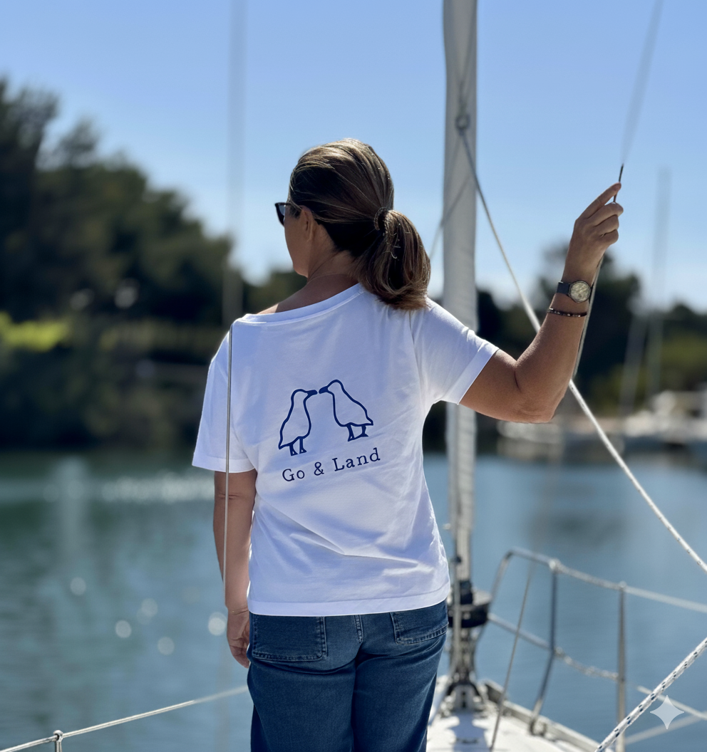 T-shirt manches courte col V - Blanc/bleu