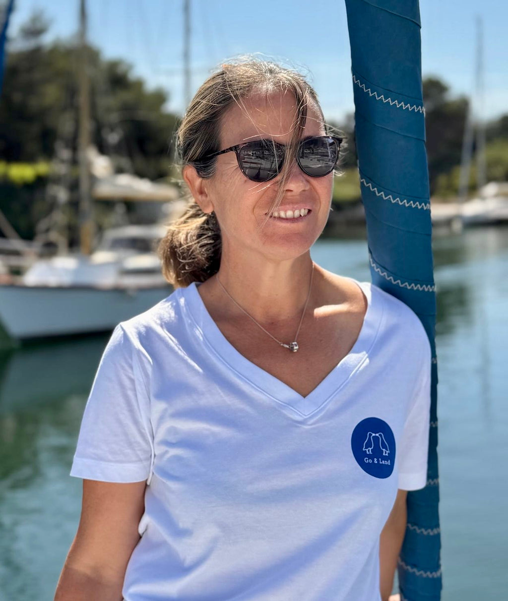 T-shirt manches courte col V - Blanc/bleu