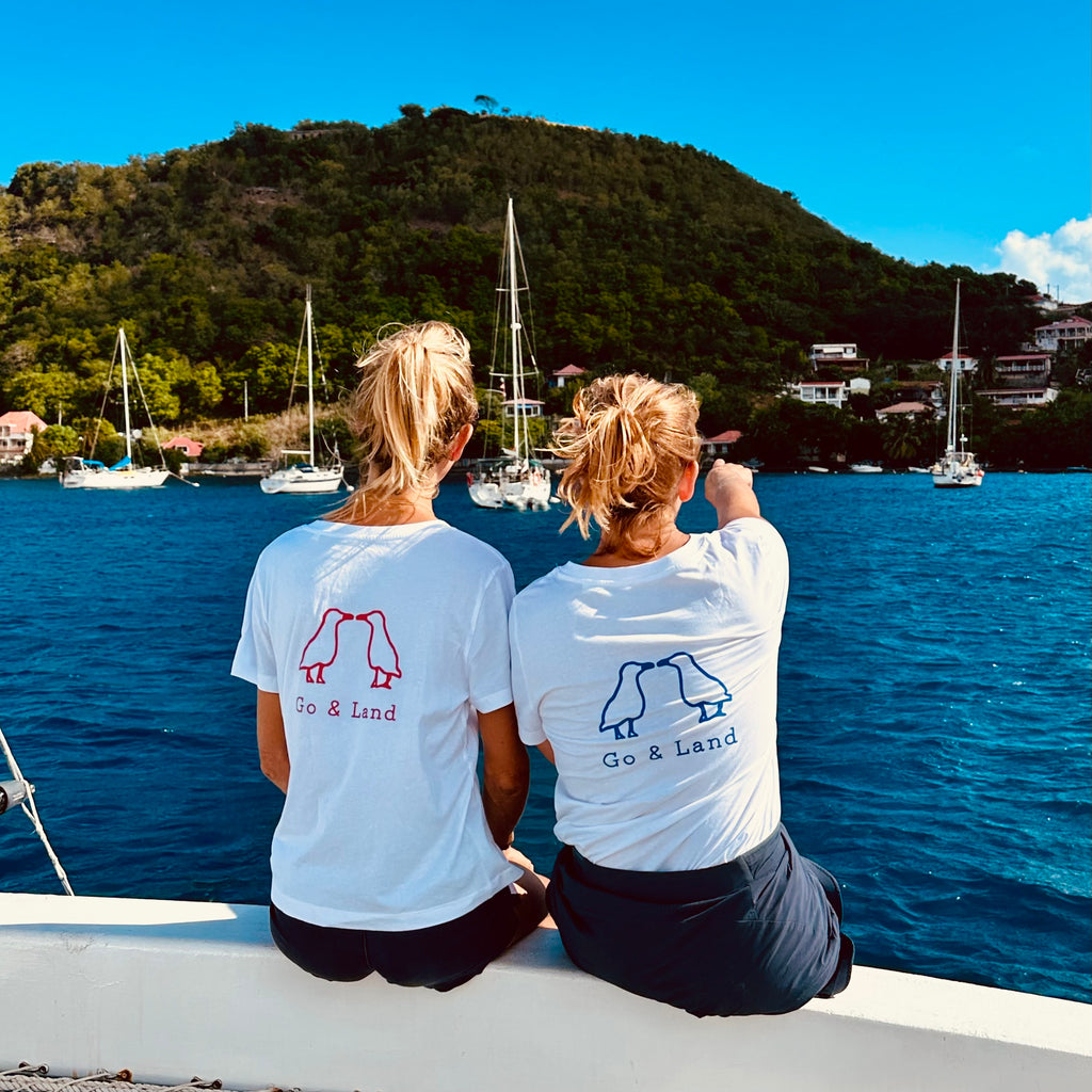 T-shirt manches courte col V - Blanc/bleu