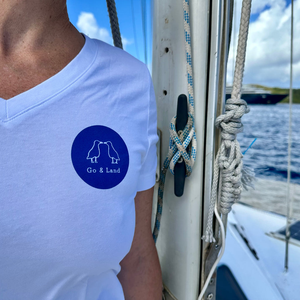 T-shirt manches courte col V - Blanc/bleu